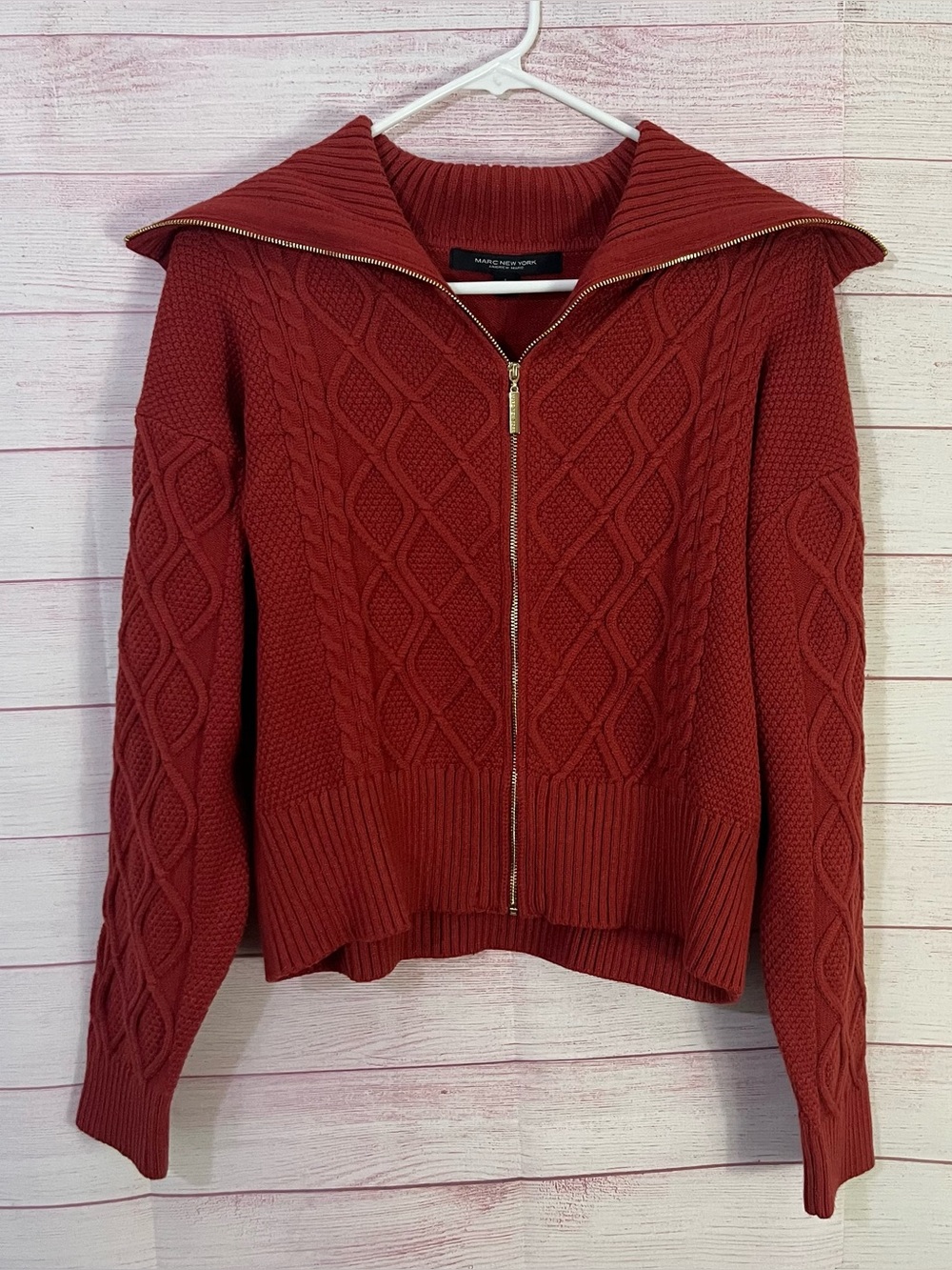 Marc New York NEW Cable Knit Collar Gold Toned Full Zipper Sweater Large